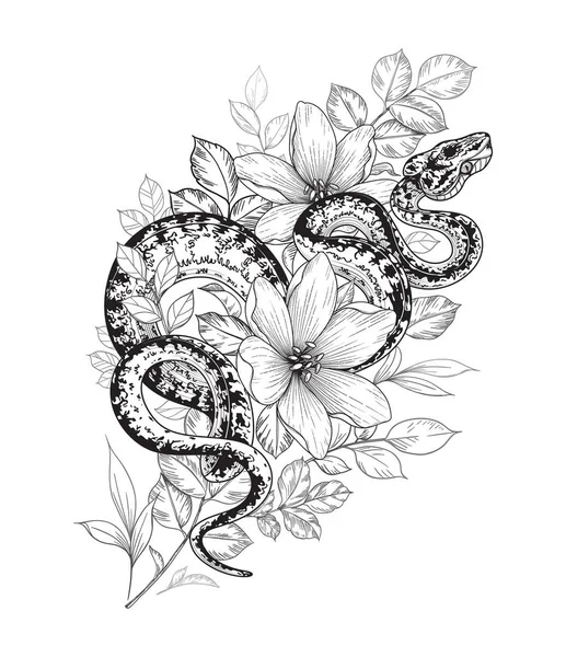 Ręcznie Narysowany Skręcony Wąż Wśród Kwiatów Odizolowanych Białym Wektor Monochromatyczne — Wektor stockowy