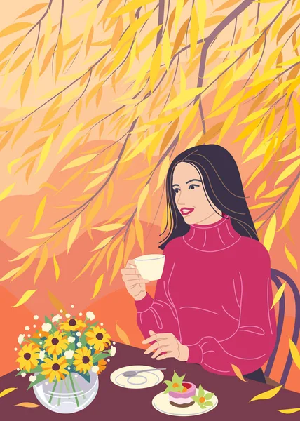 Joven Soñadora Bebiendo Café Disfrutando Del Otoño Vista Temporada Otoño — Archivo Imágenes Vectoriales