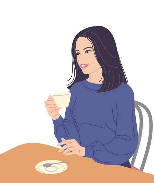 梦幻般的年轻女子坐在咖啡桌旁喝茶或喝咖啡 穿着蓝色套头衫的漂亮的黑发女孩被白色背景隔离了 简单的矢量平面插图 — 图库矢量图片