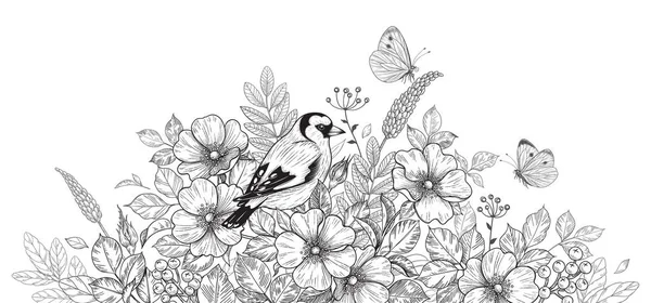 Hand Drawn Goldfinch Sitting Wildflowers Flying Butterflies Black White Illustration — Stock Vector