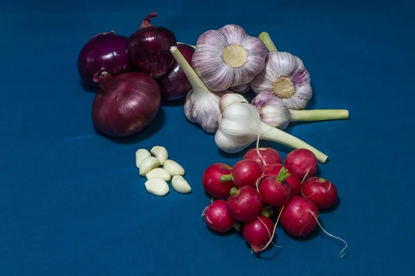 Légumes Sains Sur Fond Bleu Radis Ail Frais Allium Bulbus — Photo