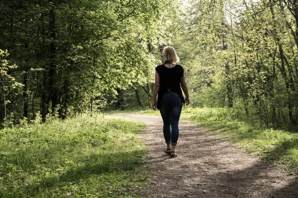 Young Girl Walks Park Spring Warm Day Girl Good Figure — Stock Photo, Image