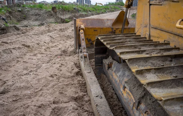 Bulldozer Work Construction Sand Base Road Spring Day — Stock Photo, Image