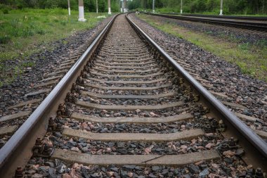 Ormanda demiryolu. Raylar ve uyuyanlar ezilmiş granit üzerinde. Bahar gündür..