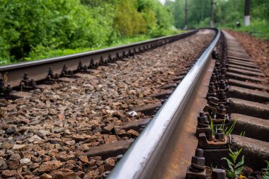 Ormanda demiryolu. Raylar ve uyuyanlar ezilmiş granit üzerinde. Bahar gündür..