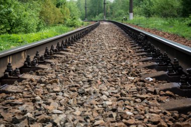 Ormanda demiryolu. Raylar ve uyuyanlar ezilmiş granit üzerinde. Bahar gündür..