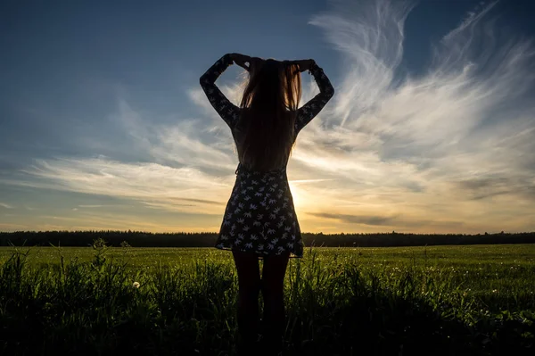 Silhouette Young Girl Background Sky Green Field Summer Day — Stock Photo, Image