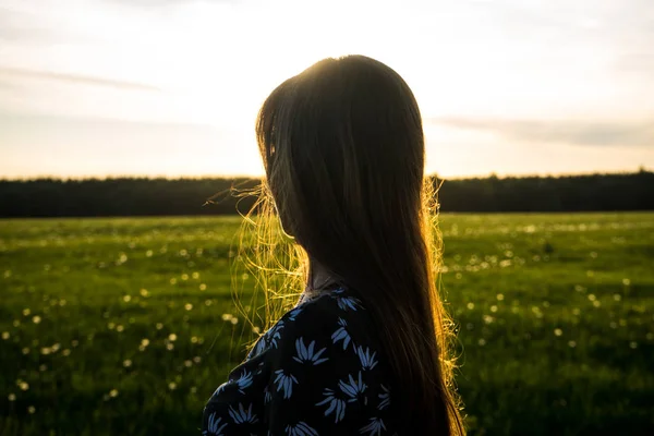 Silhouette Eines Jungen Mädchens Vor Einem Hintergrund Von Himmel Und — Stockfoto