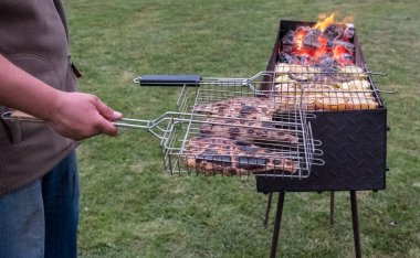 Domatesler kömürle pişirilir. Izganda balık. Demir Barbekü. Yanmış ahşaptan yüksek sıcaklık. Akşam. Yaz.