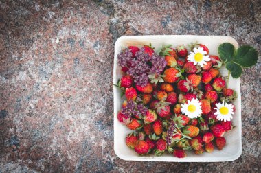 Tahta bir tabakta taze kırmızı çilek. Çilek C vitamini kaynağıdır. Bu meyve doğal bir afrodizyak. Doğal granit taş arka planda kır çiçekleri ile kolaj.