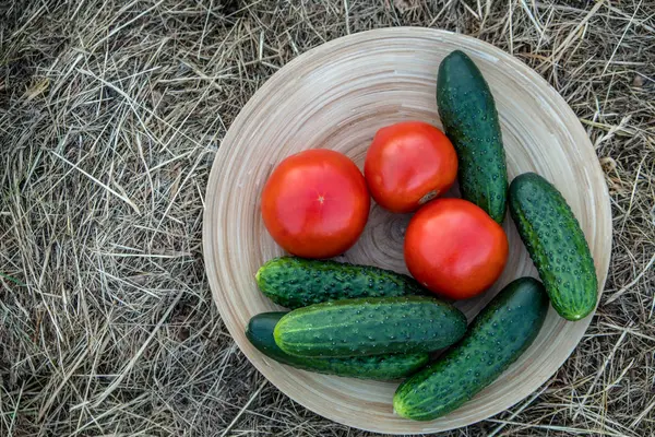 Verduras Frescas Uma Chapa Redonda Madeira Tomates Vermelhos Pepinos Verdes — Fotografia de Stock