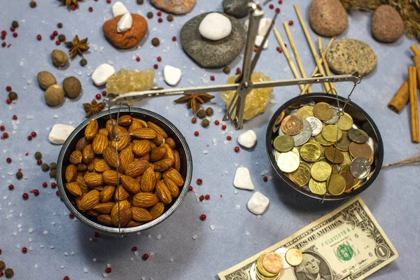 Collage Weights Nuts Money Roasted Peeled Almonds Various Spices Blue — Stock Photo, Image