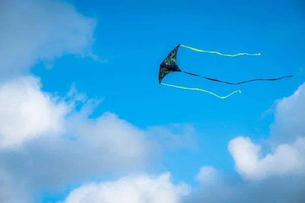 Papagaio Voando Contra Céu Azul Brinquedo Que Voa Por Exposição — Fotografia de Stock