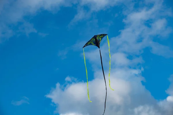 Papagaio Voando Contra Céu Azul Brinquedo Que Voa Por Exposição — Fotografia de Stock