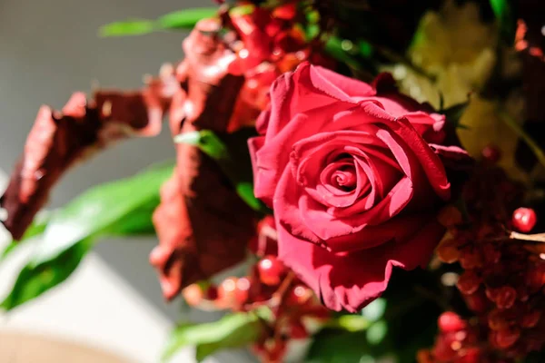 Rote Rose Und Ein Strauß Blumen Beeren Von Rotem Viburnum — Stockfoto