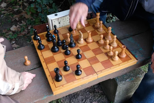 İki adam satranç oynar. Tahta bir tahta üzerinde ahşap satranç taşları. Partinin başlangıcı, ilk. Oyun zamana karşı gerçekleşir. Park bankı. Sonbahar günü.