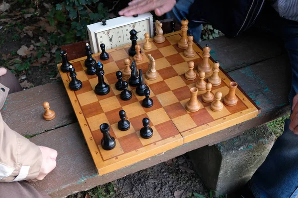 Two men play chess. Wooden chess pieces on a wooden board. Beginning of the party, debut. The game takes place against the clock. Park bench. Autumn day.