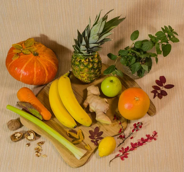 Collage of fruits and vegetables. Autumn gifts of nature. A useful set of products for making smoothies from grapefruit. Healthy nutrition indigents.