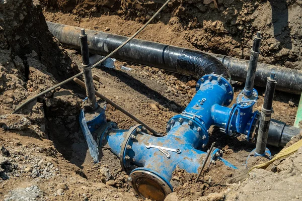 Water Distribution Unit Large Diameter Pipes Valves Valves Closing Water — Stock Photo, Image