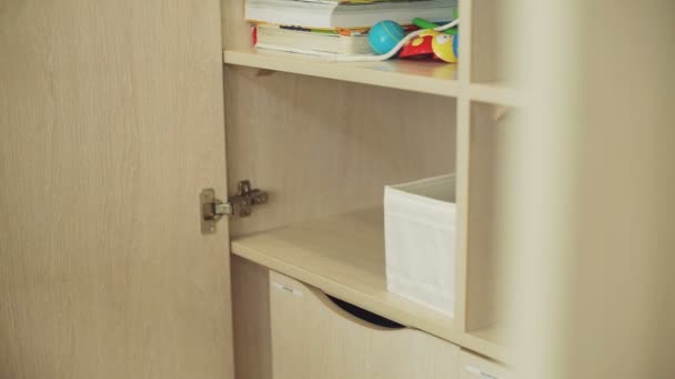 Woman Putting Box With Baby Clothes In A Wardrobe Stock Video