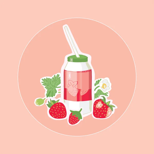 Strawberry Milk Summer Drink Berry Juice Stickers Strawberry Useful Starter — Stock Vector