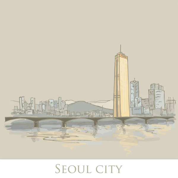 Paesaggio Urbano Seoul Disegnato Mano Colori Pastello — Vettoriale Stock