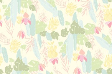 Muz dalları ile tropikal yaprakları. Ormandan bitkiler ve muz çiçekleri. Monstera'dan ayrılıyor. Yaz baskısı