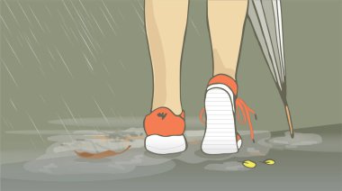 Bacaklı spor ayakkabılar. Spor ayakkabılı kız. Yağmurlu bir gün. Umbrella'yla su birikintilerinden yürüyor. Sonbahar ruh hali. 