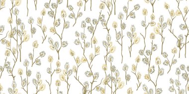 Çiçekli söğüt. Kabarık dalları Salix. Sarı polenlerde gri çiçekler