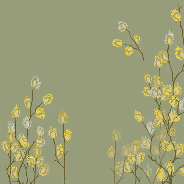 Saule Fleurs Branches Moelleuses Salix Fleurs Grises Pollen Jaune — Image vectorielle