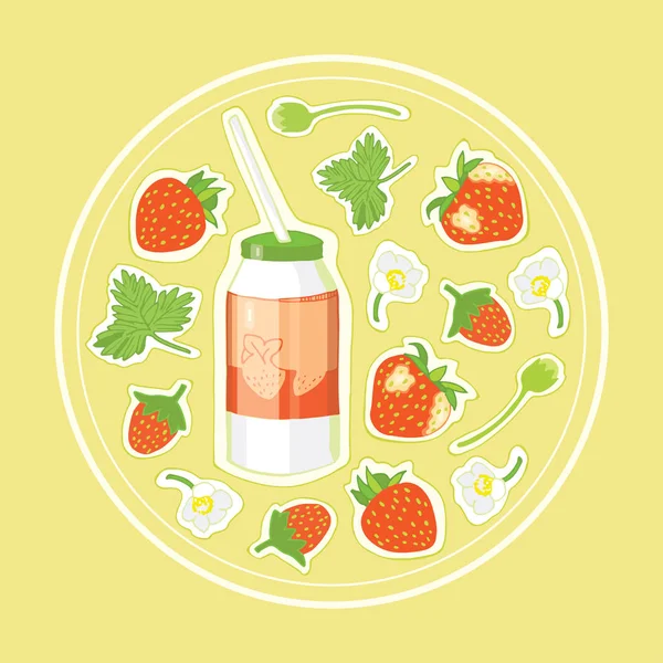 Leche Fresa Bebida Verano Zumo Cereza Pegatinas Fresas Entrante Útil — Vector de stock