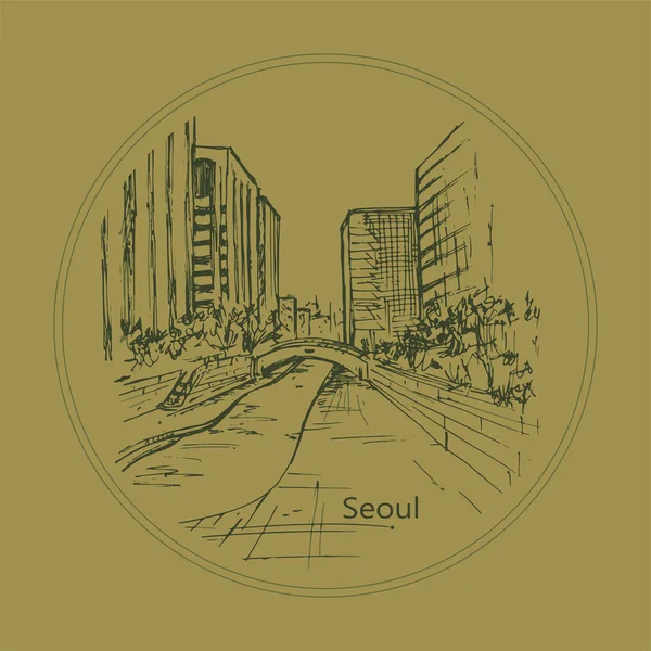 チョンギチョンソウルの中心部にある川 韓国の都市景観 高層ビル 高層ビル グラフィックランドスケープ — ストックベクタ