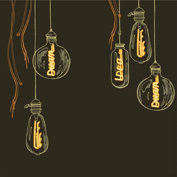 Conjunto Lámparas Edison Palabras Brillantes Electrodos Vida Sueño Idea — Vector de stock