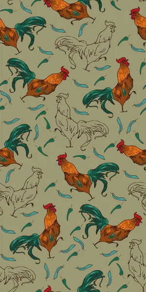 Gallos Corriendo Con Plumas Color Verde Dorado — Archivo Imágenes Vectoriales