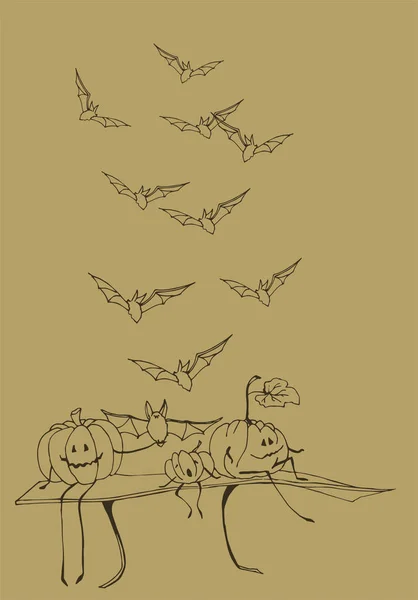 Kudde Van Vleermuizen Halloween Pompoenen Vector Illustratie Sjabloon — Stockvector