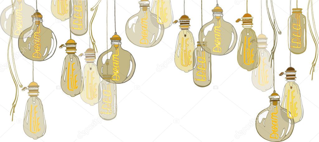 set of lamps of Edison. Glowing words in electrodes: life, dream, idea