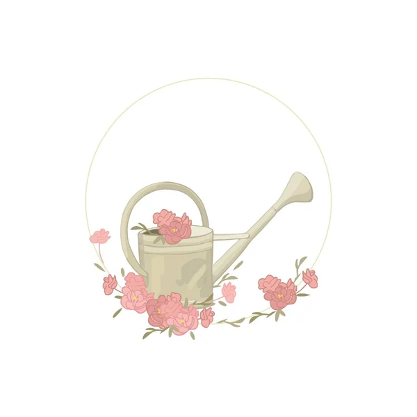 Old Garden Watering Can Vintage Garden Decor Rose Stickers Watering — Stock Vector