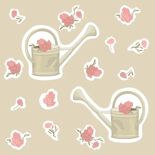 Old Garden Watering Can Vintage Garden Decor Rose Stickers Watering — Stock Vector