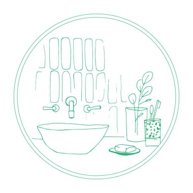 Modern, şık banyo. Dekor ve banyo tasarımı. Lavabo, sabun ve diş fırçaları. Bir vazo duvar fayans ve okaliptüs.