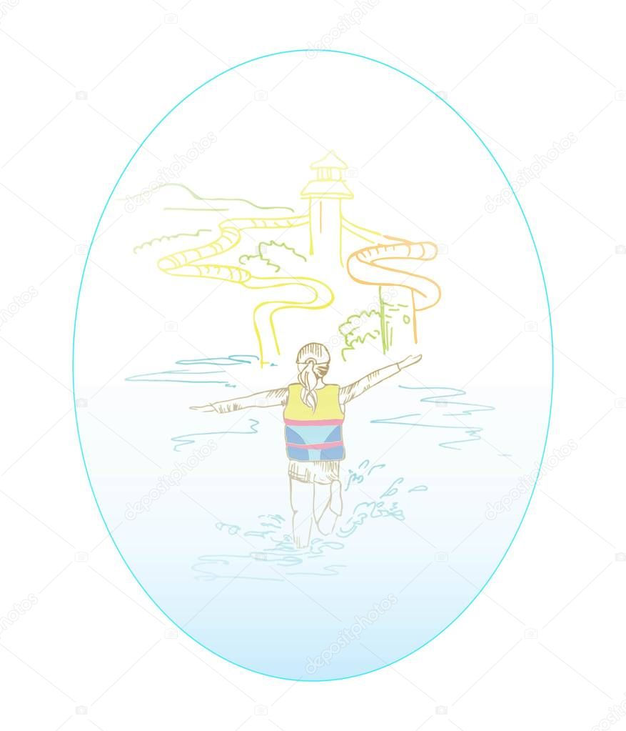 Water park with slides in Korea. Summer, fun vacation by the water with attractions, swimming. Water vest for safety.