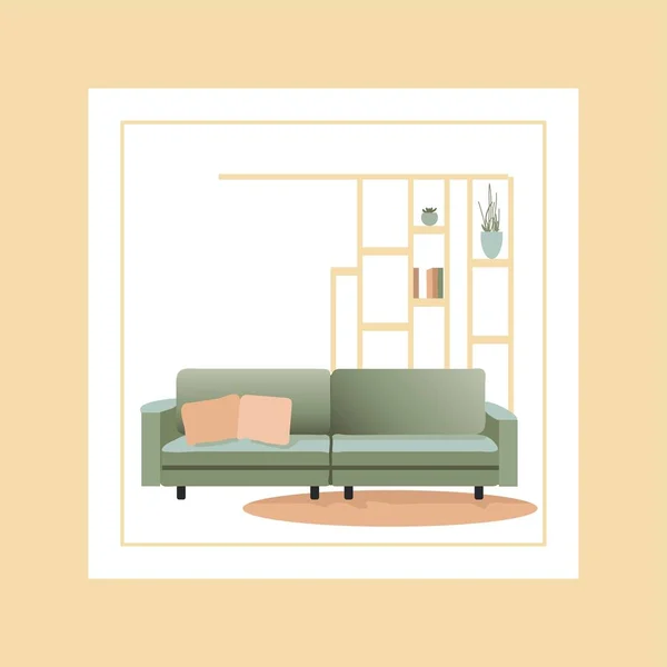Sofá Sala Estar Diseño Interiores Con Estantes Decoración Del Hogar — Vector de stock