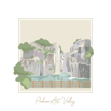 Pocheon Sanat Vadisi. Güney Kore 'de park et. Asya 'da güzel yerler. Su basmış bir taş ocağının yanındaki kayalar. Mavi Göl. Dağ manzarası