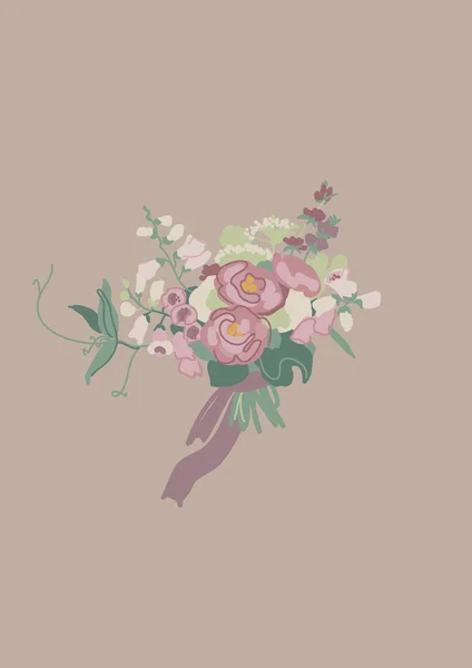 Booスタイルの結婚式ブライダル花束 花屋の花 夏の植物 ロマンチックなイラスト フォックスグローブ牡丹バラ — ストックベクタ