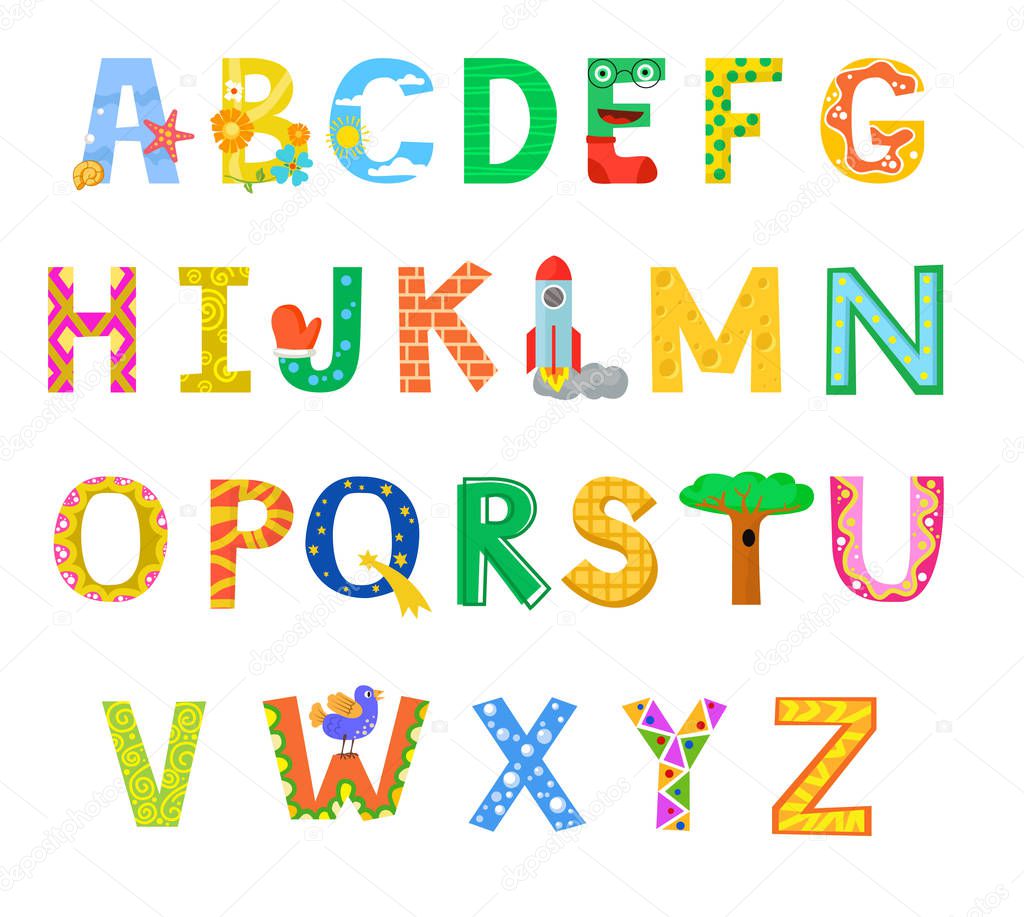 Cute colorful cartoon alphabet for kids. Vector