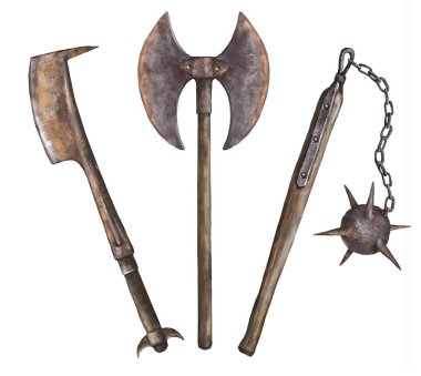 Fantezi silahları. Flail ve baltalar. İzole illustrarion. 
