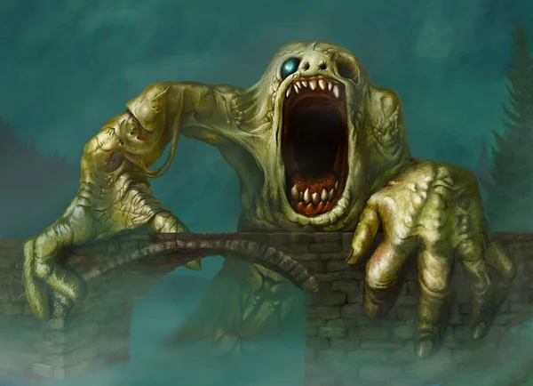 Mavi arka plan ile köprüüzerinde Fantastik yeşil yaratık