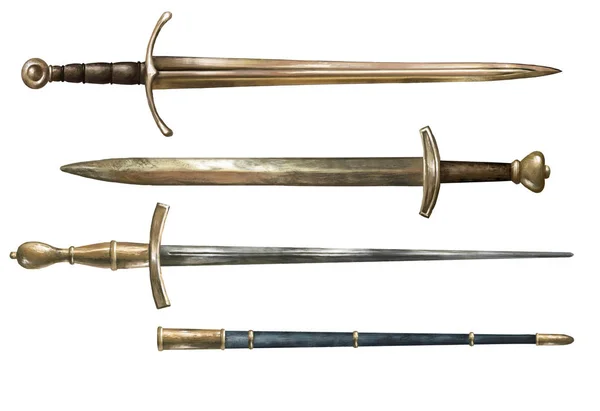 Eski silah koleksiyonu. Gerçekçi kılıç ve bir kılıf ile rapier. Ayarlamak. Izole