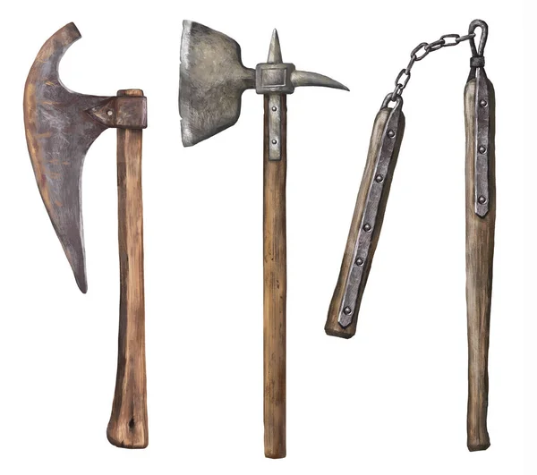Fantezi silahları. Flail ve baltalar. İzole illustrarion. 