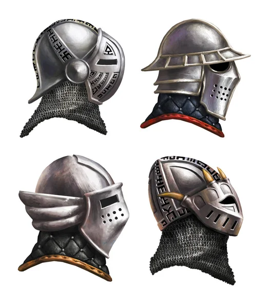 Средневековые Рыцарские Шлемы Фантастические Боеприпасы — стоковое фото