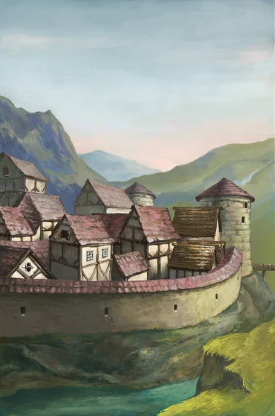 Μεσαιωνική Πόλη Στα Βουνά Φόντο Φαντασίας — Φωτογραφία Αρχείου